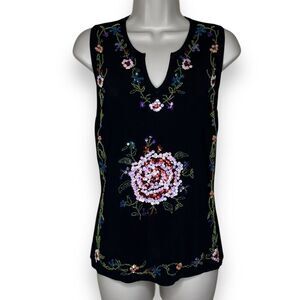 Lucia Burns Sequined Beaded Black Floral Sleeveless Sweater Top Women Size Small